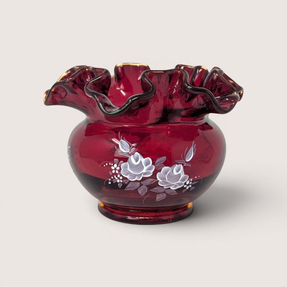 1980s Fenton Ruby Red Glass Hand Painted Ruffled Vase